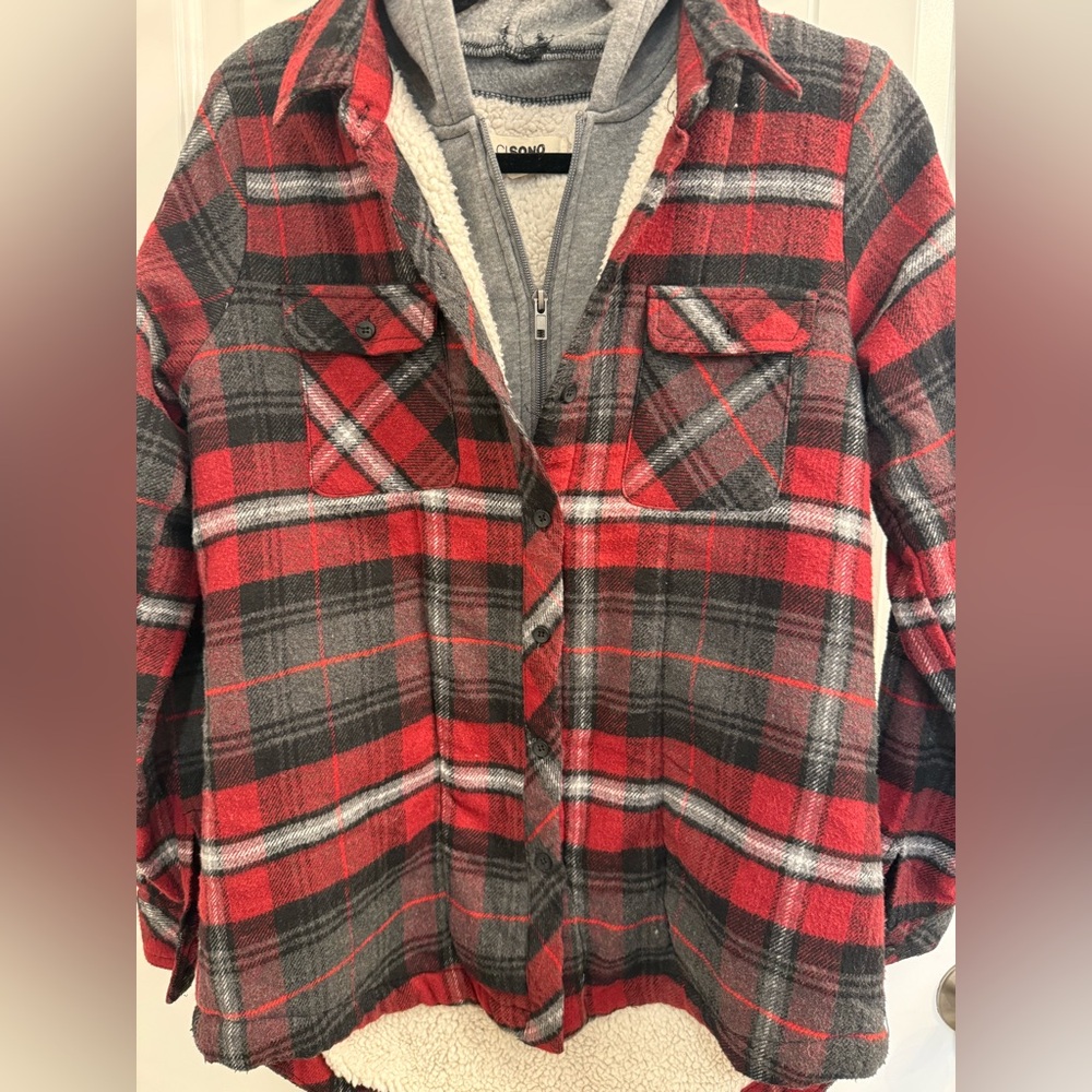 Ci Sono Red, Black and Gray Plaid Jacket with Hood
